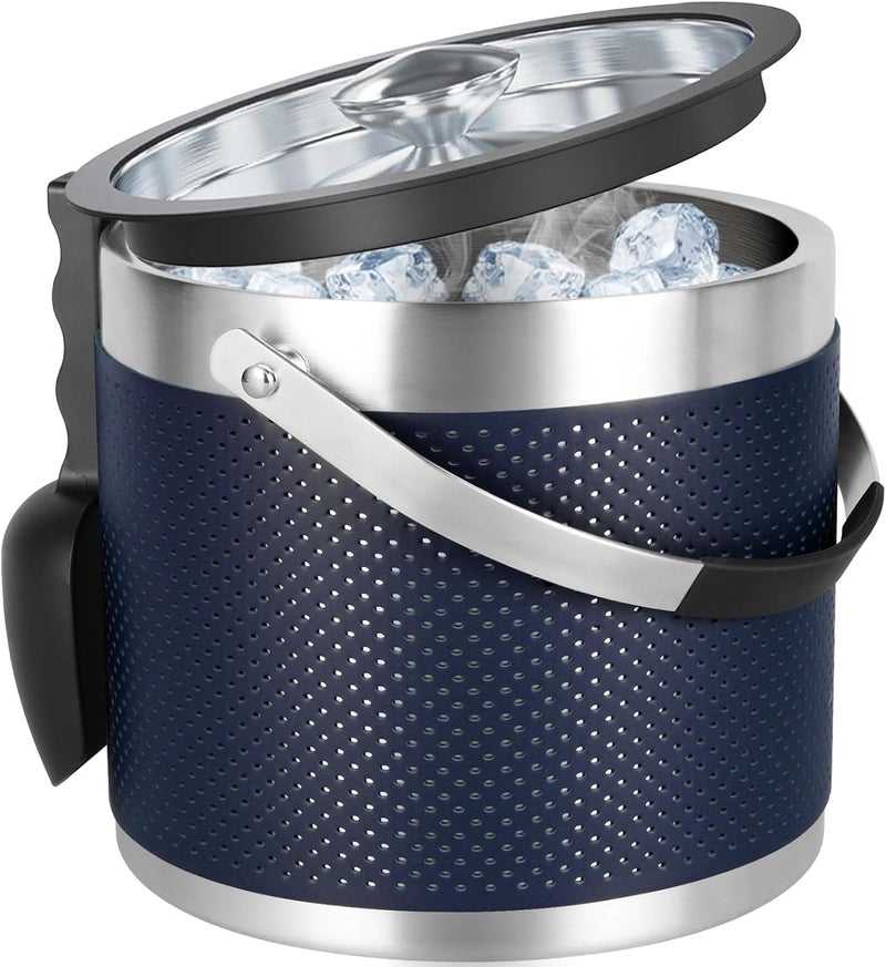 Five Home 3Quart/3.2L Insulated Stainless Steel Ice Bucket with Lid, Scoop, Leather Design Double Wall Wine Bucket for Cocktail Bar, Parties (Dark Blue) - Image 1